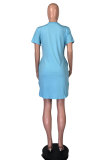 Light Blue Fashion adult Street Pink Yellow Light Blue purple Cap Sleeve Short Sleeves O neck Pencil Dress Knee-Length Print Patchwork Leopard Pocket Dresses