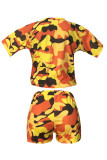 Blue Fashion Casual Camouflage Print Basic O Neck Short Sleeve Two Pieces