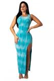 Light Blue Fashion Sexy Tank Sleeveless O neck Sheath Ankle-Length Hand-painted asymmetrical split C