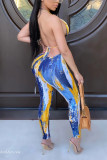Blue Fashion Sexy adult Patchwork Print backless Tie Dye Bandage Two Piece Suits pencil Sleeveless Two Pieces