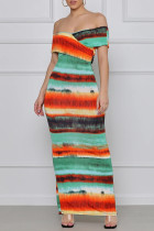 Colour Fashion Sexy Print Backless Slit Off the Shoulder Short Sleeve Dress