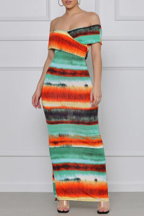Colour Fashion Sexy Print Backless Slit Off the Shoulder Short Sleeve Dress