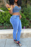 Blue Fashion Sexy Solid Bandage Backless Spaghetti Strap Tops