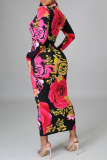 Multicolor Sexy Print Patchwork Zipper Collar Pencil Skirt Dresses