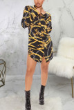 Multicolor Sexy Print Patchwork Turndown Collar Pencil Skirt Dresses
