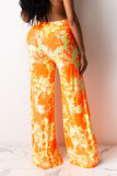 Yellow Pink Yellow Elastic Fly Sleeveless High Patchwork Print Boot Cut Pants Bottoms
