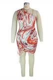 Orange Fashion Plus Size Print Hollowed Out Fold One Shoulder Sleeveless Dress
