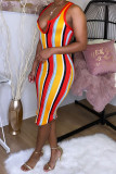 Red Fashion Sexy Red Blue Pink Yellow Wine Red Navy Blue Tank Sleeveless V Neck Hip skirt Knee-Length Striped Dresses