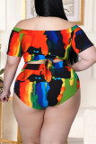 Multicolor Fashion Sexy Print Hot Drilling Backless Off the Shoulder Plus Size Swimwear