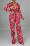 Red Sexy Print Patchwork V Neck Long Sleeve Two Pieces