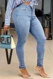 Dark Blue Fashion Casual Solid Pants Mid Waist Skinny Jeans