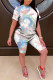 Blue Fashion Casual adult Ma'am Patchwork Print Tie Dye Gradient Two Piece Suits pencil Short Sleeve Two Pieces