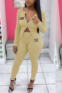 Apricot Casual Knitting Letter Patchwork Solid Embroidered Patchwork Cardigan Pants Basic Zipper Collar Long Sleeve Regular Sleeve Regular Two Pieces