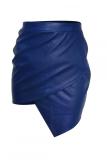 Royal blue PU Elastic Fly Sleeveless Mid Patchwork Asymmetrical Hip skirt shorts 