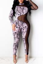 Black Sexy Print See-through O Neck Skinny Jumpsuits