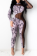 Black Sexy Print See-through O Neck Skinny Jumpsuits
