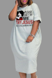 Grey Casual Print Make Old O Neck Straight Dresses