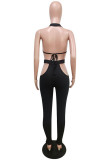 Black Fashion Sexy Solid Hollowed Out Backless Halter Sleeveless Two Pieces