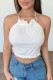 White Sexy Solid Patchwork Frenulum Flounce Halter Tops