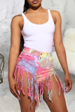 Pink Sexy Patchwork Tassel Tie-dye High Waist Regular Denim Shorts