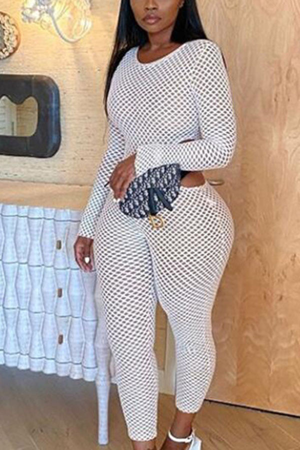 White Sexy Solid See-through O Neck Long Sleeve Two Pieces