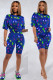 Blue Fashion adult Sexy backless Print Two Piece Suits Patchwork Straight Short Sleeve Two-Pie