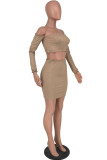 Camel Sexy Solid Patchwork Off the Shoulder Long Sleeve Two Pieces