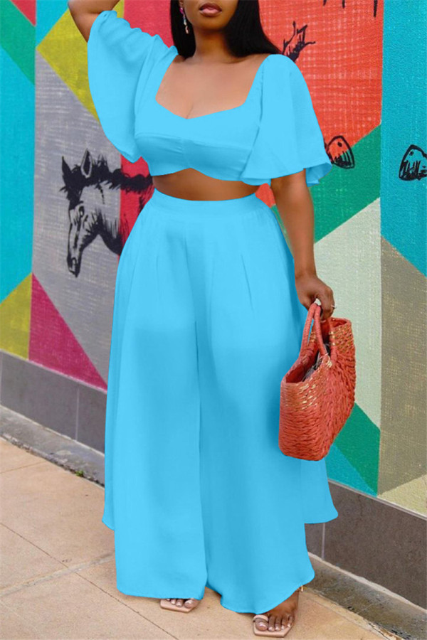 Sky Blue Fashion Casual Solid Basic Square Collar Short Sleeve Two Pieces