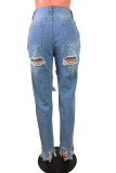 Baby Blue Street Solid Ripped Mid Waist Regular Denim