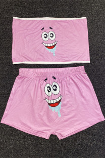 Pink Sexy Print Strapless Sleeveless Short Two Pieces