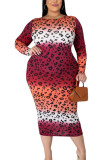 Red Fashion British Style Adult Print Patchwork O Neck Printed Dress Plus Size 