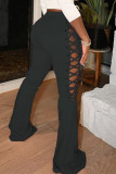 Pink Fashion Casual Solid Hollowed Out Strap Design Boot Cut Mid Waist Trousers