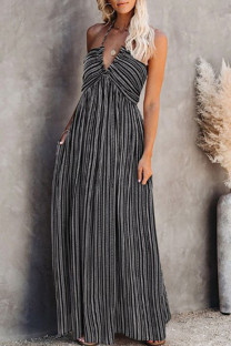 Black Fashion Street Print Patchwork V Neck A Line Dresses