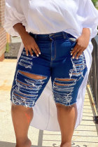 Navy Blue Denim Fashion Casual adult Patchwork Solid Hole Old washing Stitching Plus Size 