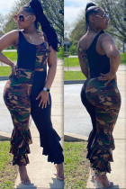 Black Fashion Casual Print Patchwork Camouflage Ruffled Sleeveless O Neck Jumpsuits