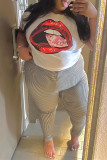 White Fashion Casual Lips Printed Basic O Neck Short Sleeve Two Pieces