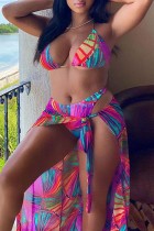 Rose Red Sexy Print Backless Swimwears Three-piece Set