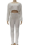White Fashion British Style Adult Solid Draw String Fold O Neck Long Sleeve Regular Sleeve Short Two Pieces