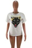 White O Neck Short Sleeve Patchwork Print Animal Prints Tees & T-shirts