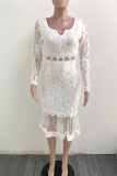 White Sexy Solid Hollowed Out V Neck Cake Skirt Dresses