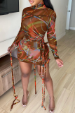 Black Sexy Print Mesh Turtleneck Pencil Skirt Dresses