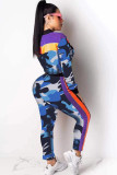 Blue OL Two Piece Suits Print Straight Long Sleeve Two-piece Pants Set