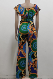 Multicolor Sexy Print Patchwork Off the Shoulder Straight Jumpsuits