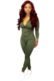 Army Green Fashion adult Active Casual Lightly cooked Zippered Two Piece Suits pencil Long Sleeve