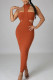 Brown Sexy Solid Hollowed Out Patchwork Half A Turtleneck Pencil Skirt Dresses