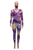 Multicolor Street Patchwork Tie-dye V Neck Long Sleeve Two Pieces