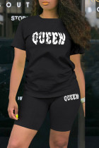 Black Casual Letter Patchwork O Neck Short Sleeve Two Pieces