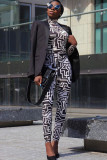 Black Sexy Two Piece Suits Patchwork Striped pencil Long Sleeve
