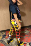 Yellow Casual Plaid Patchwork O Neck Short Sleeve Two Pieces