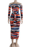 Orange OL Cap Sleeve Long Sleeves One word collar Hip skirt Ankle-Length Striped Club Dresses